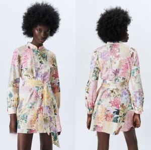 ZARA Floral Patchwork Linen Blend Mini Dress Size-Medium